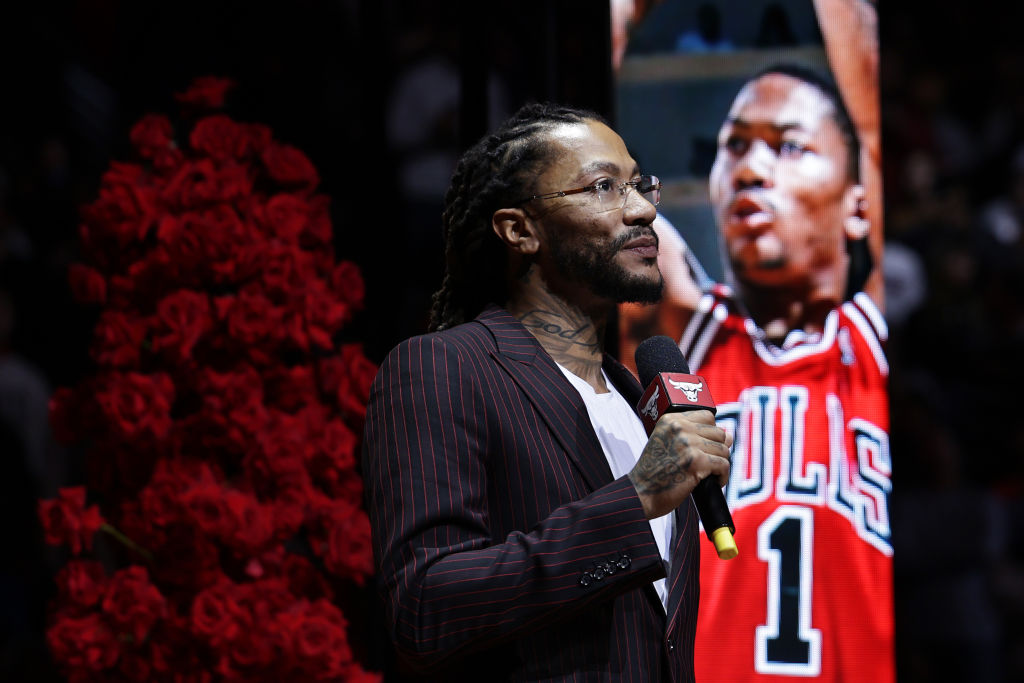 1 of 1: Derrick Rose Couldn’t Hold Back The Tears During Chicago Bulls Halftime Tribute Ceremony, X Gives Him His Flowers